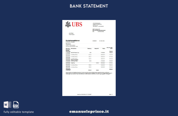 modello word di estratto conto bancario UBS svizzero in stile verificato